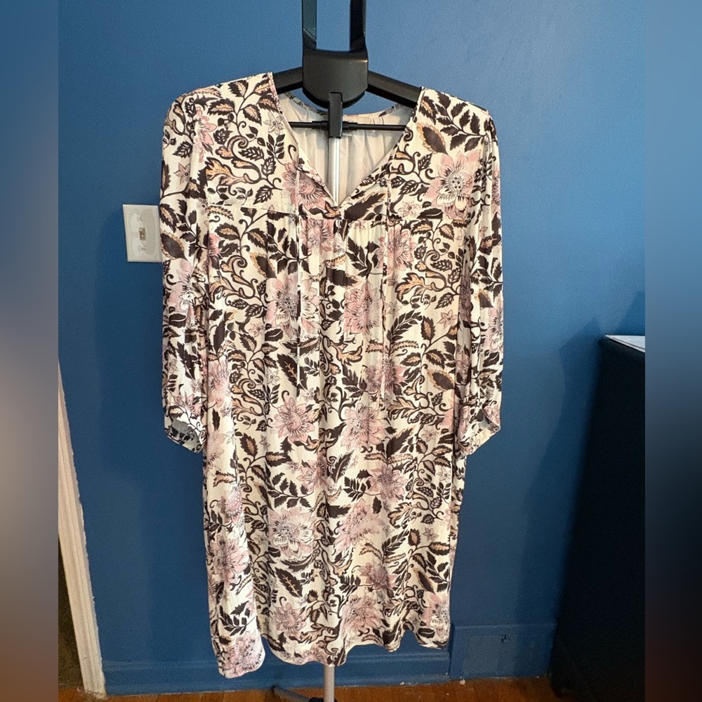 LOFT 3/4 Length Sleeve Floral Dress - Black and Pink